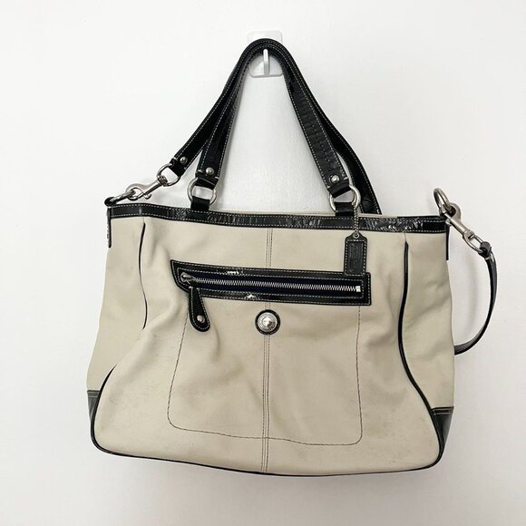 Coach Laura Leather Large Tote Shoulder Handbag F14887 Purse White /Navy - Picture 1 of 10